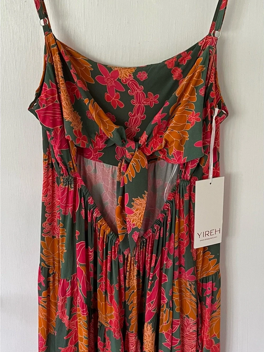 Flowy Tiered Maxi Skirt in Green with Pink & Orange Floral Print